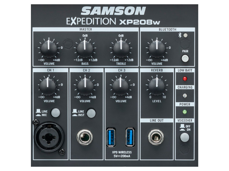 Samson XP208w 4-csatornás, 200W mobil akkus hangfal vezeték nélkül mikrofonnal | hangszerdiszkont.hu